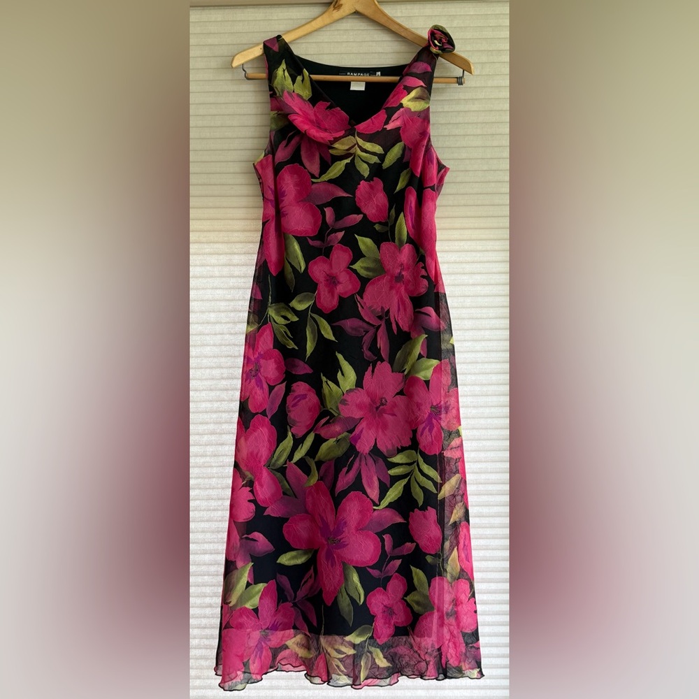 Vintage 90s Rampage Floral Rose Midi Dress Pink Black Size Junior 9